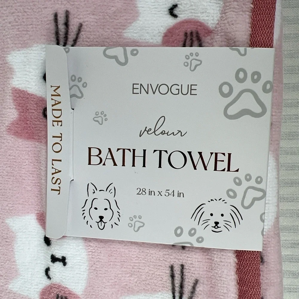 ENVOGUE Cat Kitten Bath Towels Pink White Cotton Velour Soft Set of 2 NEW